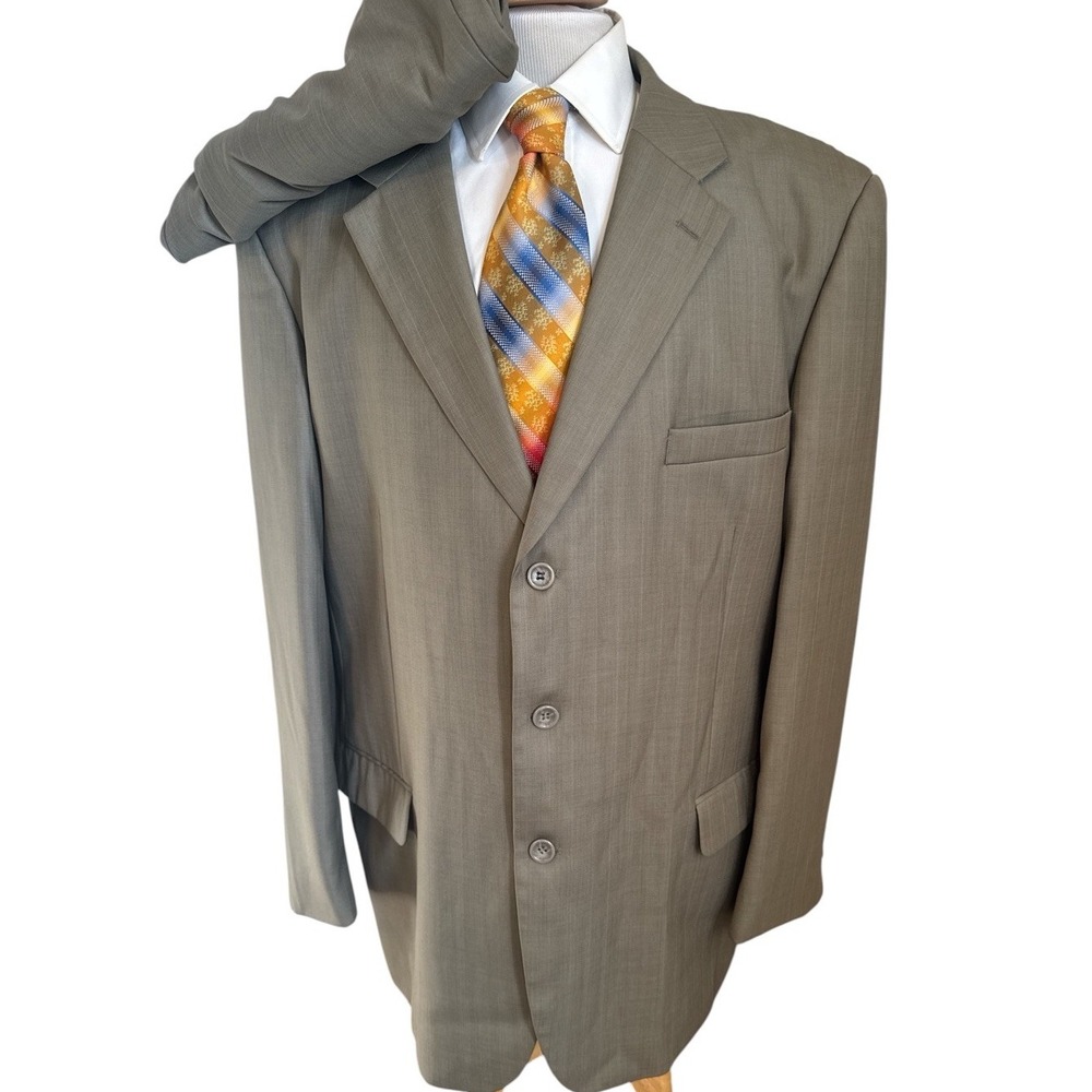 Caravelli Super 150's Suit 48R Green Striped Jacket Pants 38 x 28 Poly Viscose